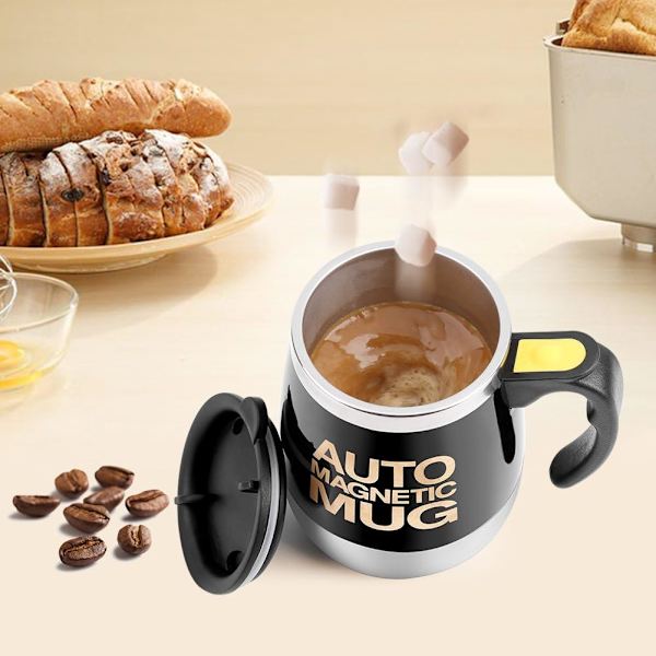 Magnetisk Blandningsmugg, Självrörande Kaffe Mugg, Rostfritt Stål Själv Magnet Mugg för Kaffe Te Varm Choklad Mjölk Kakao Protein (Svart)