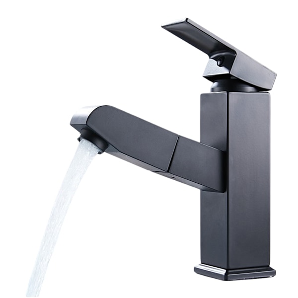 Blandare för handfat med utdragbar spray, svart blandare för badrum, kranhöjd 187 mm