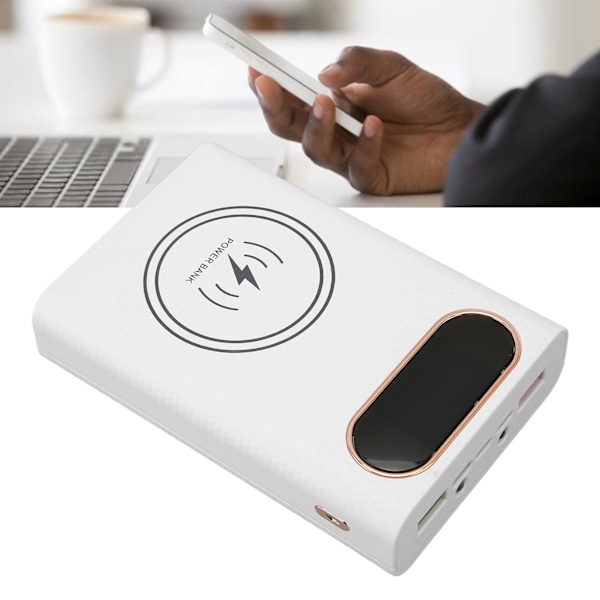 Powerbank-fodral, bärbar laddare för användning på språng, vit, dubbla USB-utgångar, tre ingångsportar, mångsidiga användningsområden, exceptionell kundsupport