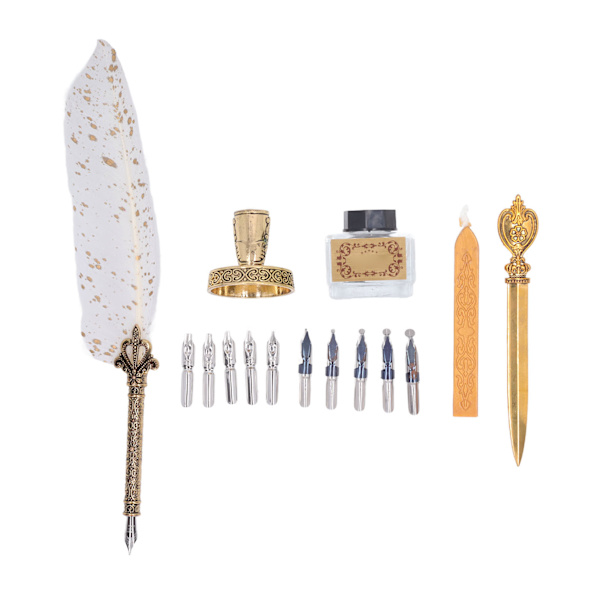 Fjäderpenna set med 10 utbytbara spetsar Eldlack vax Brevöppnare Pennhållare Bläck Tom flaska Retro Quill Pen Set Vit