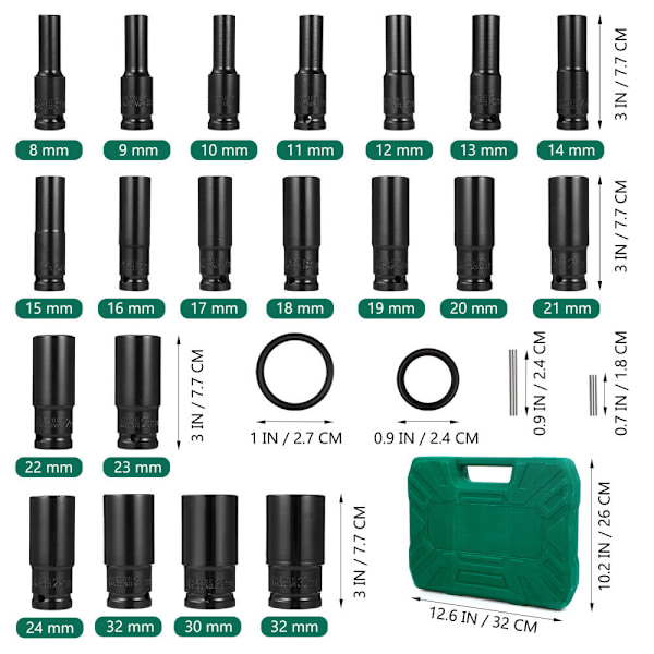 20 st 1/2\" Metrisk Hylsnyckelsats Djup Slagkraft Torque Verktygsset Garage Reparation 8-32mm