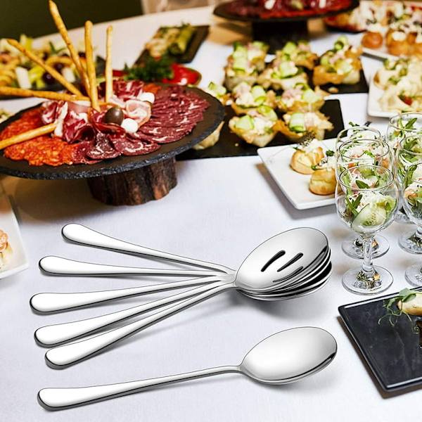 2 stora serveringsskedar, 2 slitsade serveringsskedar, 2 serveringsgafflar, 9,8 tum rostfritt stål buffé catering fest bankett serveringsskedar gafflar set,