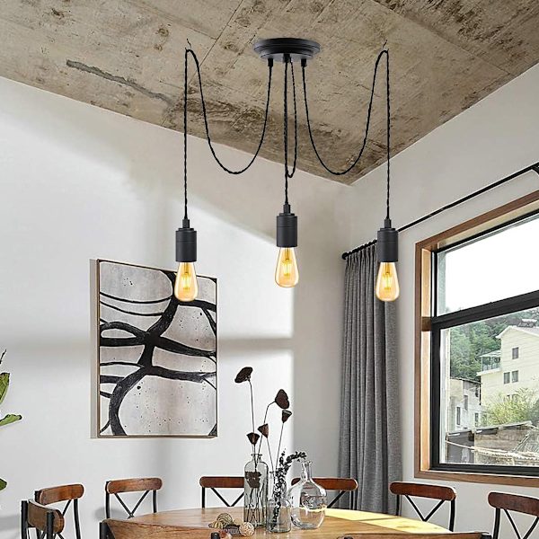 Spindelhänge Pendellampa E27 Sockel Retro Industriell Svart Lampskärm, DIY Justerbar Längd (Ingen glödlampa) - 1,5 m tråd, 3 armar