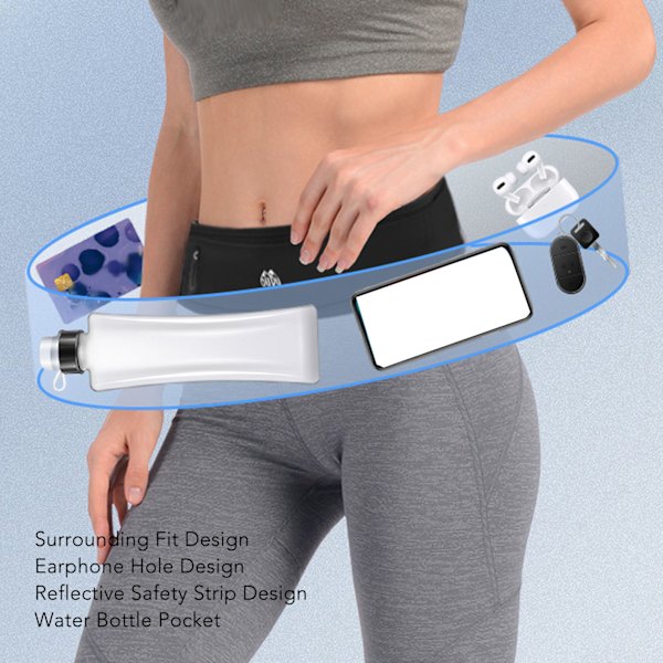 Löpbälte Flera Fack Jogging Midjeväska 60‑85cm Justerbar Bekväm för Utomhus Svart