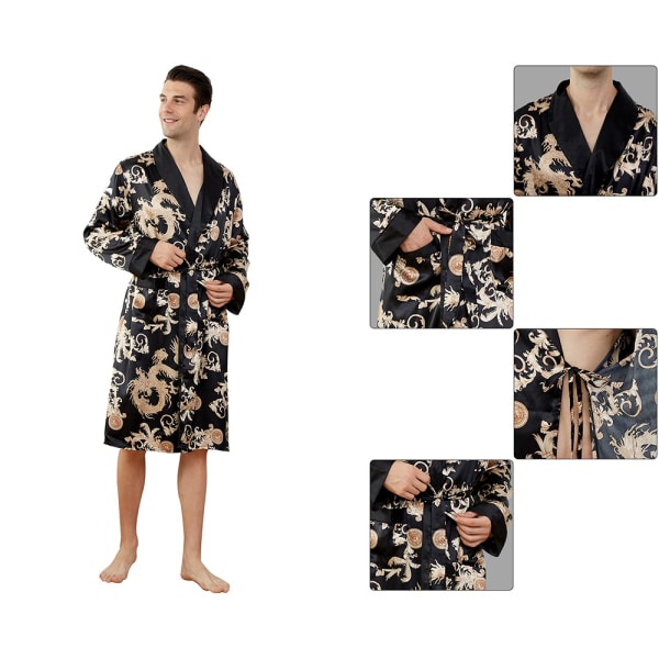 Herr Kimono Badrock Silkesatin Lång Nattklädnad Robe Cardigan Japanska Pyjamas Nattkläder V-hals med Fickor och Bälte