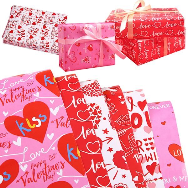 Presentpapper med kärlekshjärtan, 6 st 50×70 cm rött hjärta premium presentpapper för årsdagar, återvinningsbart paket perfekt för alla hjärtans dag, bröllop,
