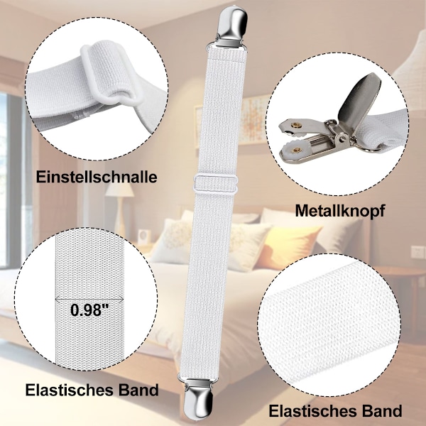 Elastisk lakansspännare, justerbar fästrem för sänglakan, soffa, strykjärnsöverdrag (vit, 4-pack)