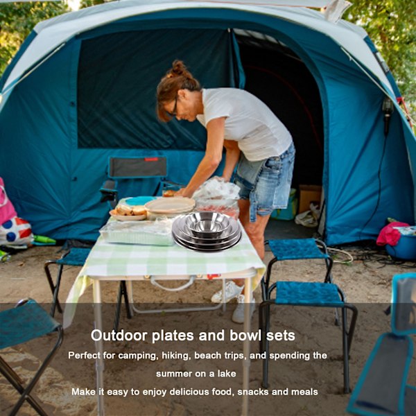 12-delad camping-middagsservis i rostfritt stål, campingtallrikar och skålar med förvaringsväska för utomhusvandring och camping