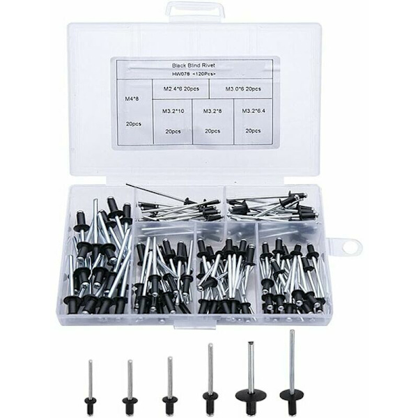 Svart nit 120 stycken Popnit Aluminium Blindnit Aluminiumflänsnit Bredhuvudnit Svarta Poppernit för möbler Assortment Kit M2.4