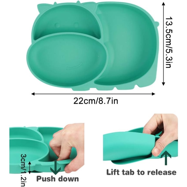 Baby Silikonservis Bebe Silikon bordstablett med skedar gafflar BPA-fri sugtallrik för diskmaskin och mikronnder (grön)
