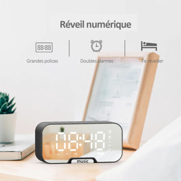 5-i-1 multifunktionell klocka med BT-högtalare, FM-radio och digital spegelalarmklocka med temperaturvisning, uppladdningsbar, stödjer TF-kort, rosa