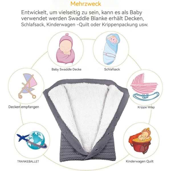AiMoonsa Swaddlefilt för nyfödda, mjuk sovsäck för spädbarn, varm, mysig och tjock stickad filt för nyfödda för barn Grill eller pojkar Grå