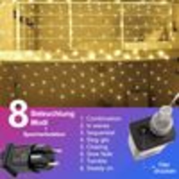 LED-ljusnät 3x2m varmvit ljusslinga 8 ljuslägen ljusgardin utomhus julträdgårdsfestdekoration
