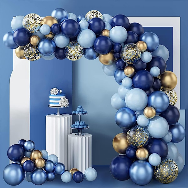 Ballongbåge för födelsedag, 133-pack ballongbåge, blå och guld konfettiballonger, ballongbåge, lämplig för födelsedagsdekoration, bröllop