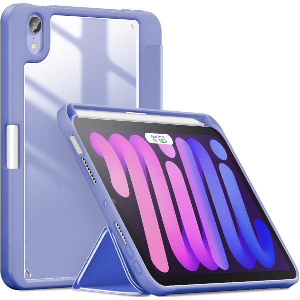 Kompatibel med iPad Mini 6 case med pennhållare och genomskinlig genomskinlig ryggpassad iPad Mini 6 [Stöd 2nd Gen Apple Pencil trådlös laddning] Lila
