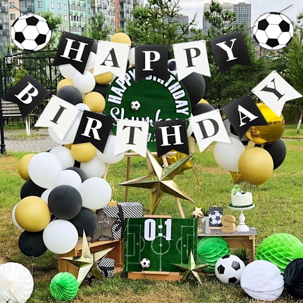 Fotboll Födelsedagsbanderoll, Fotbollstema Grattis på Födelsedagen Banderoll Fotbollsfest Dekorationer Banderoll Svart Vit Fotbollsbanderoll Fotboll Födelsedag