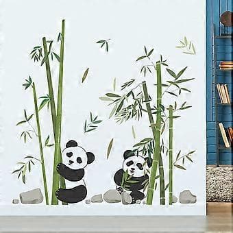 Panda Äter Bambu Väggdekal Söt Tecknad Panda Väggdekaler Vardagsrum Sovrum Soffa TV Vägg