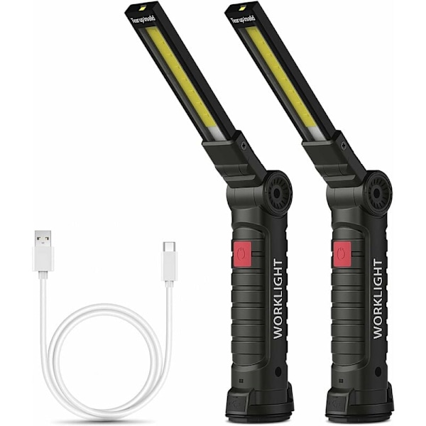 Kraftfulla Uppladdningsbara Arbetslampor, 2-pack Stora LED Arbetslampor med 360 Graders Rotation och Magnetisk Bas, 5 Lägen Bärbar Strålkastare För