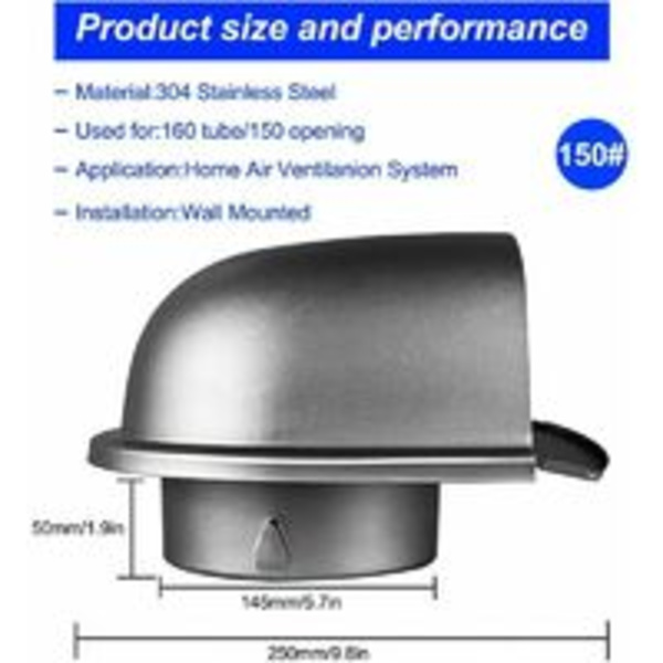 150 mm rostfritt ventilationsgaller, exteriört runt skorstenshuvgaller, U-ventilationsgaller med insektsnät, ventilationsgaller med 45°