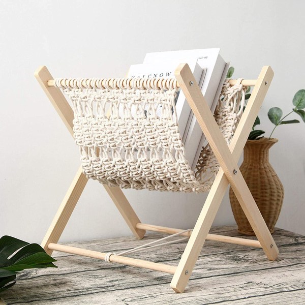 Tidningsställ Boho Wood Bokhylla Macrame Tidningshållare