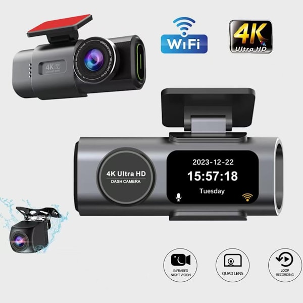4K Dubbel Dashcam WiFi, Mini Dold Fram- och Bakkamera med Nattseende, Vidvinkel, WDR, Loopinspelning, G-Sensor, Parkeringsövervakning