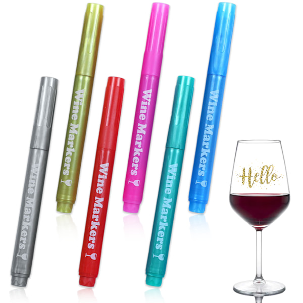 6-pack vinmarkeringsglas, metalliska markeringspennor, glaspenna, färgmarkeringspennor, dryckesmarkeringar, glasmålningspennor, keramisk kopp, permanent markör,