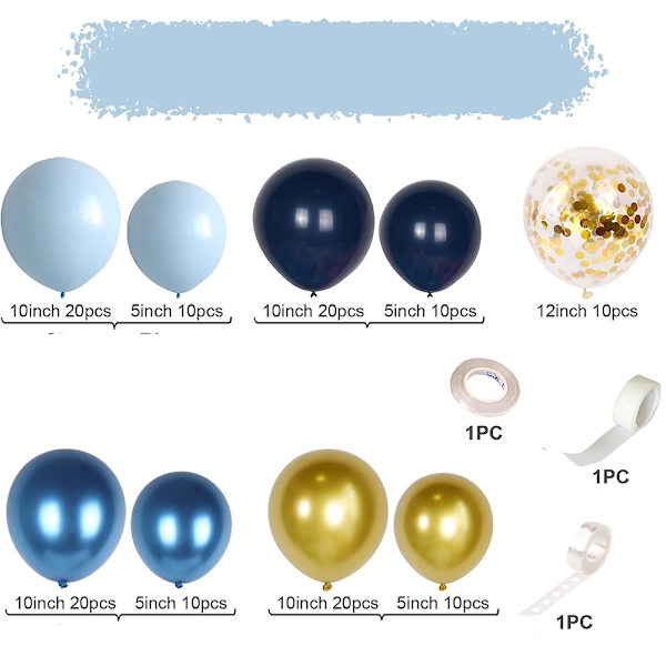 Ballongbåge för födelsedag, 133-pack ballongbåge, blå och guld konfettiballonger, ballongbåge, lämplig för födelsedagsdekoration, bröllop