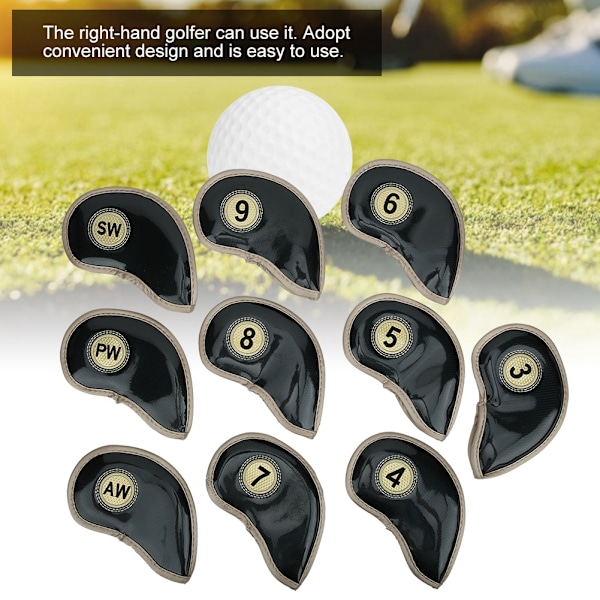 10 st/set högkvalitativa PU-golfjärnshuvudskydd, huvudskydd, klubbskydd, skyddande fodral, svart