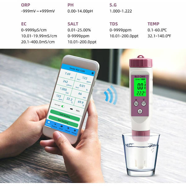 Bluetooth Vattenkvalitetstestare Temperatur ORP EC TDS Salthalt SG PH-mätare Online APP-kontroll