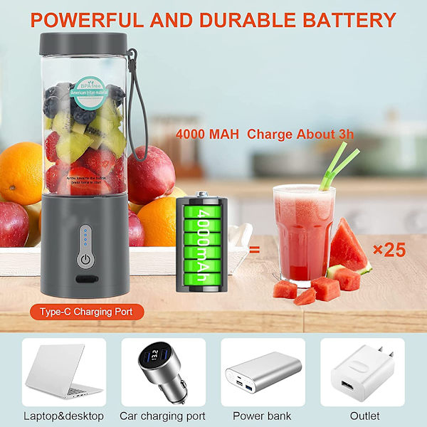 Bärbar mixer för smoothies och milkshakes, 530 ml minimiixer, med laddningsbar C-typ och 6 blad, 4000 mAh fruktmixer juicepress, personlig
