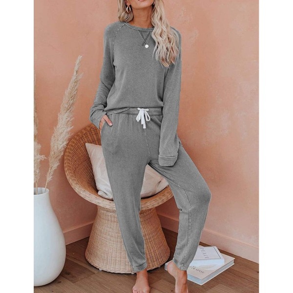 Dam tvådelad pyjamas set bomull långärmad nattkläder sovkläder och pyjamasbyxor loungewear set
