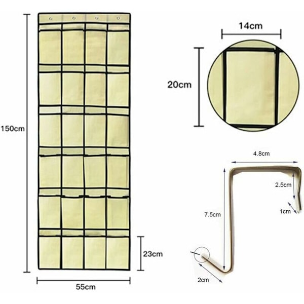 Hängande skoförvaring 24 fickor Över dörren Skoförvaring Utrymmesbesparande skoskåp med 4 krokar Beige