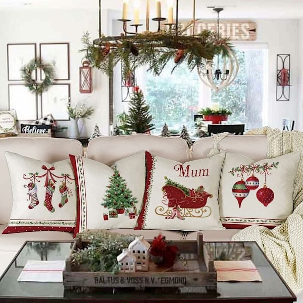 Jul kuddfodral 40x40 Set om 4 Dekorativa jul kuddfodral Dekorativ bomull och linne örngott 40 x 40 cm för sovrum, Napé,
