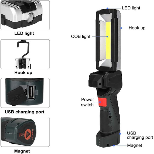 COB LED ficklampa arbetslampa, bärbar USB-laddningsbar inspektionslampa med magnetfot, 5 ljuslägen ultraljusstark lykta för DIY-verkstad