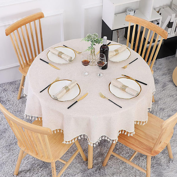 Beige bordsduk rund 150 cm tvättbar linne bomull bordsduk skrynkelfri dammtät med tofsar för kök, matsal, matbord, kaffe