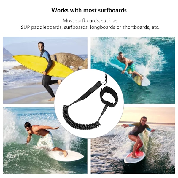 Surfboard Leash Hög elasticitet TPU Svart Justerbar Spiralformad Surfing Benrem för Paddleboards Longboards 8ft/2.44m