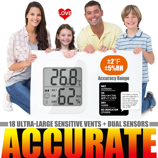 Rumstermometer med dubbla sensorer, inomhus hygrometer för realtidsövervakning Brett mätområde och hög precision för sovrum, reptilmiljöer
