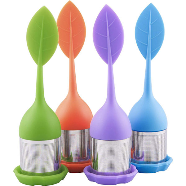 4-pack teinfuser - rostfritt stål fint nät tefilter med BPA-fritt silikonbladhandtag och droppbricka - perfekta tesilar för alla typer av