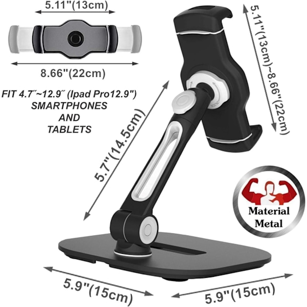 Tablethållare, universell iPad-stativ 360° rotation för iPad Pro Air Mini, Samsung Galaxy Tab, Kindle, smartphones och surfplattor från 4,7 till 12,9 tum -