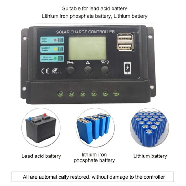 LCD-display Solpanelstyrenhet Fotovoltaisk Laddningsstyrenhet 12V 24V Självjusterande Svart 10A