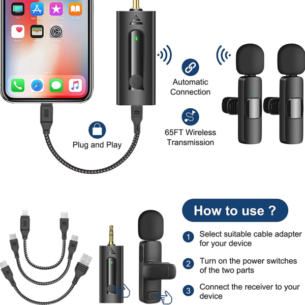 Trådlös mikrofon för telefon, kamera, bärbar dator, Lavalier Clip