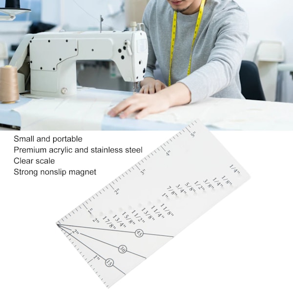 Sömnadsmånlinjal med magnetisk sömguide, tydlig skala, robust, hållbar, hög precision, bärbar symaskinslinjal, transparent