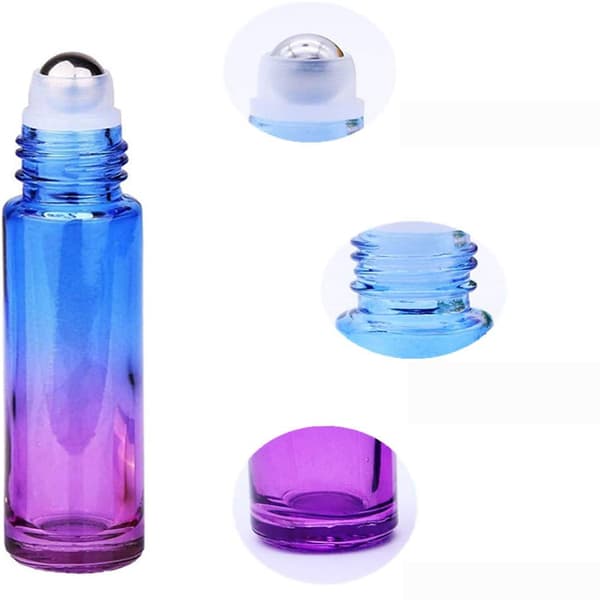 Läcksäker Design Eterisk Olja Rollerflaskor, Resestorlek Med Rostfria Stålkulor För Hudabsorption, Blå Lila Gradientglas Skyddar