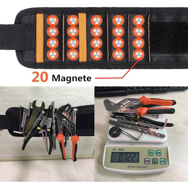 Lättviktigt Magnetiskt Armband, Verktygspresent för Bygg & Bilreparation, Håller Små Metallföremål, 20 Starka Magneter, Andningsbart Mesh, Justerbart