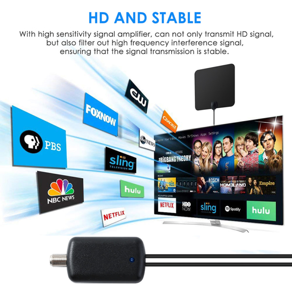 TV-antenn, DVB-T/DVB-T2 inomhusantenn, HDTV-antenn med signalförstärkare, lämplig för 1080P 4K TV-kanaler, inomhusantenn för TV,