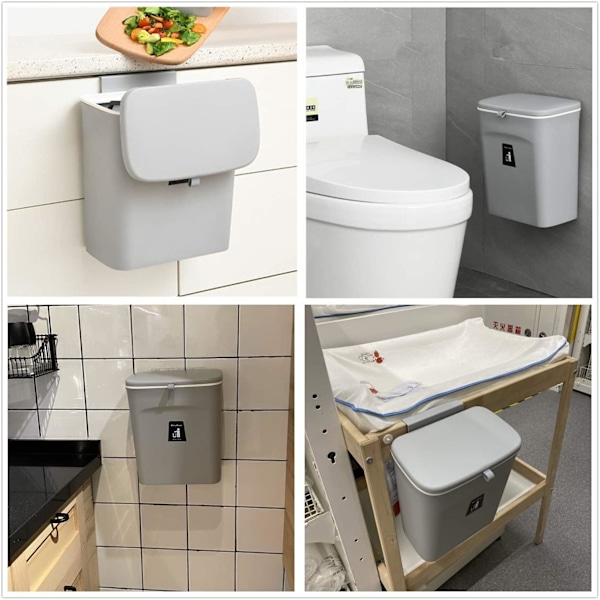 Komposthink för kök, 9L soptunna, Bänkskiva eller under diskbänk, Hängande liten soptunna med lock för badrum/sovrum, Inomhus komposthink (Grå)
