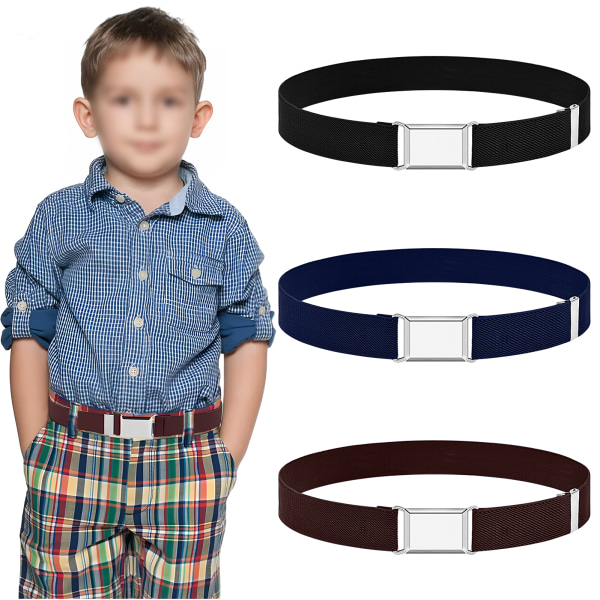 Förpackning med 3 Elastiskt bälte barn, 2,5 x 75 cm justerbart stretchbälte barn, fyrkantigt magnetiskt spänne bälte, barnbälte elastiskt för jeans