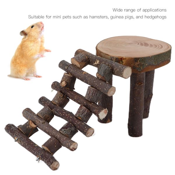 Trähållare för hamster med plattform, naturligt äppelträ, tuggleksak för små husdjur, träpärlor, enkel stege, plattform