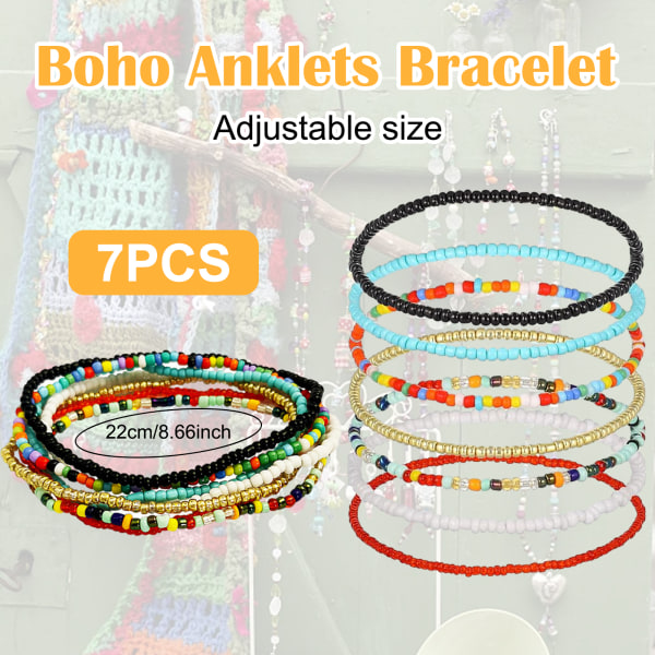 7PCS Multilayered Beads Ankle Colorful Bracelets, Färgglada Kvinnor Ankle Bracelets Pärlarmband Elastisk Fot och Handkedja Smycken, Anklets