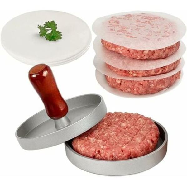 Hamburgerpress med 100 ark bakplåtspapper, runda bakplåtspapper, aluminiummalet biffpress hamburgerpress med non-stick-beläggning, för hamburgare,